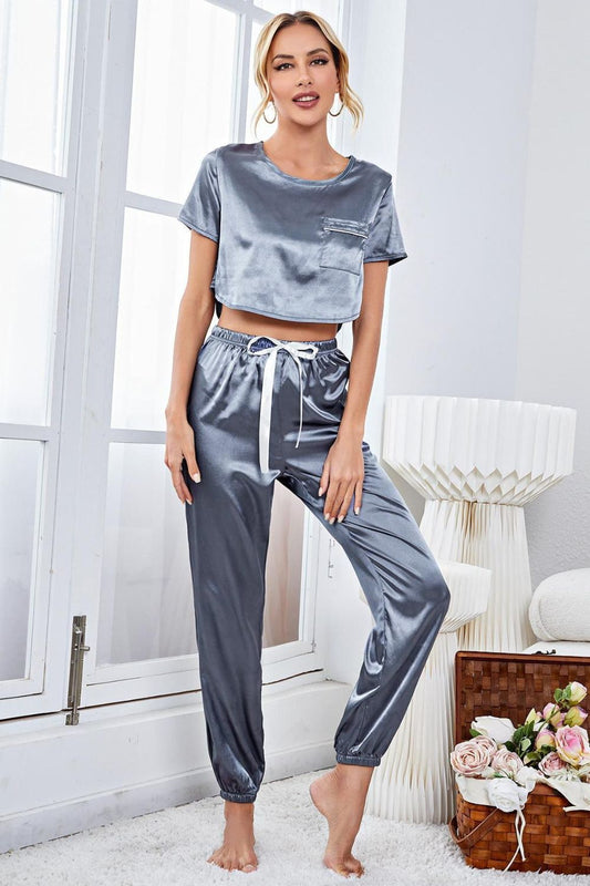 Satin Short Sleeve Crop Top and Joggers Lounge Set Steel Easy Apparels