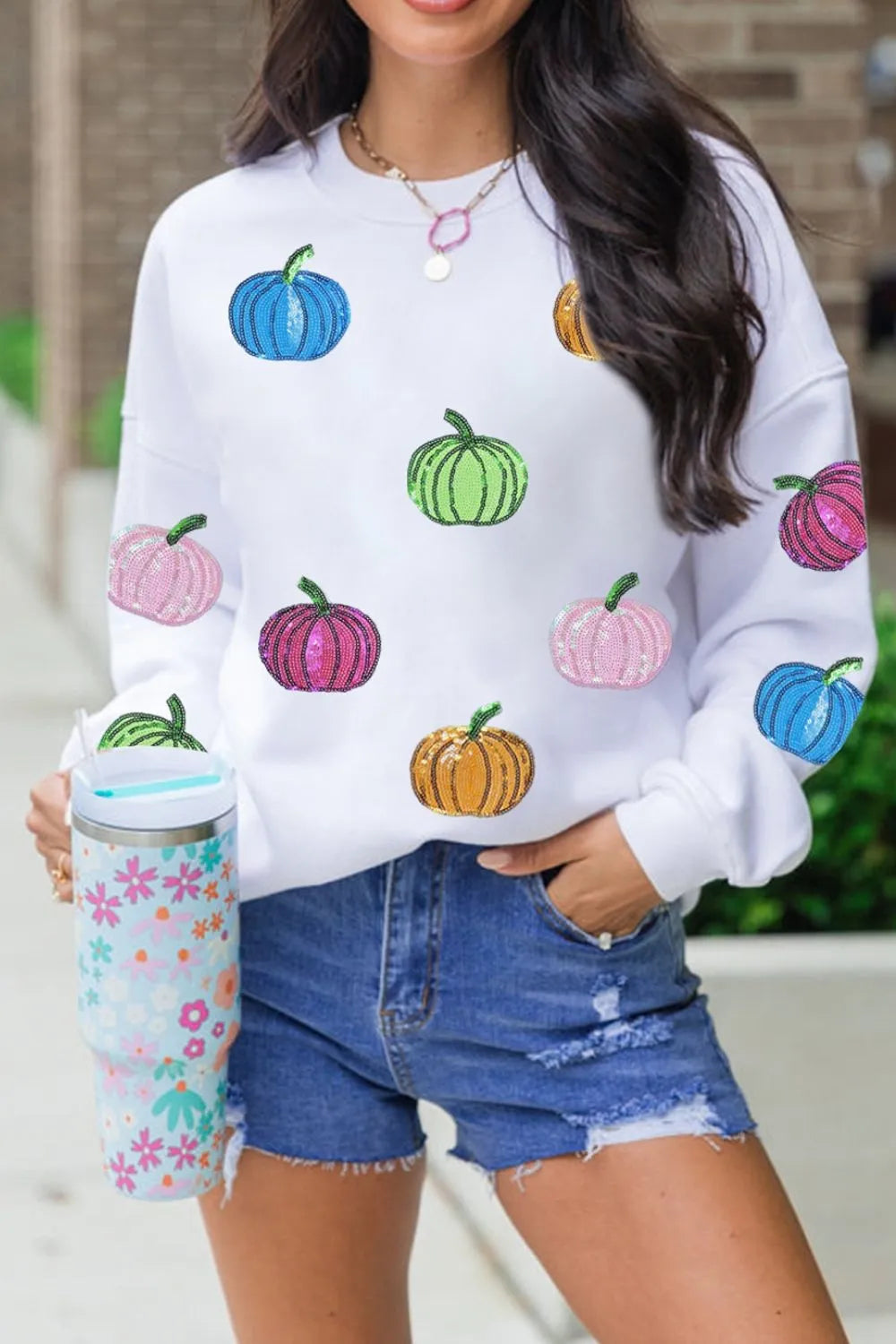 Trendsi Pumpkin Round Neck Long Sleeve Sweatshirt