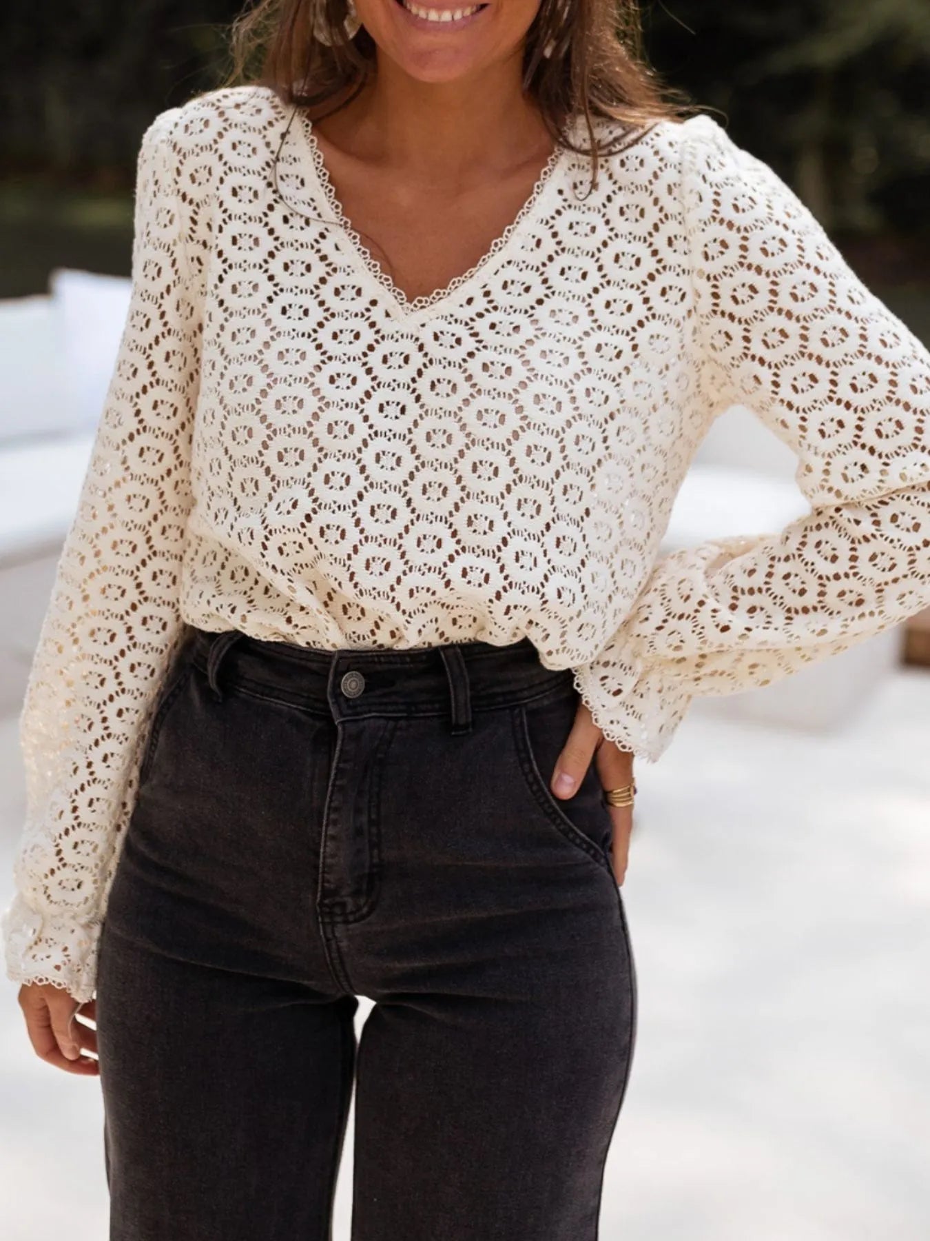 Trendsi Crochet Lace V-Neck Long Sleeve Blouse