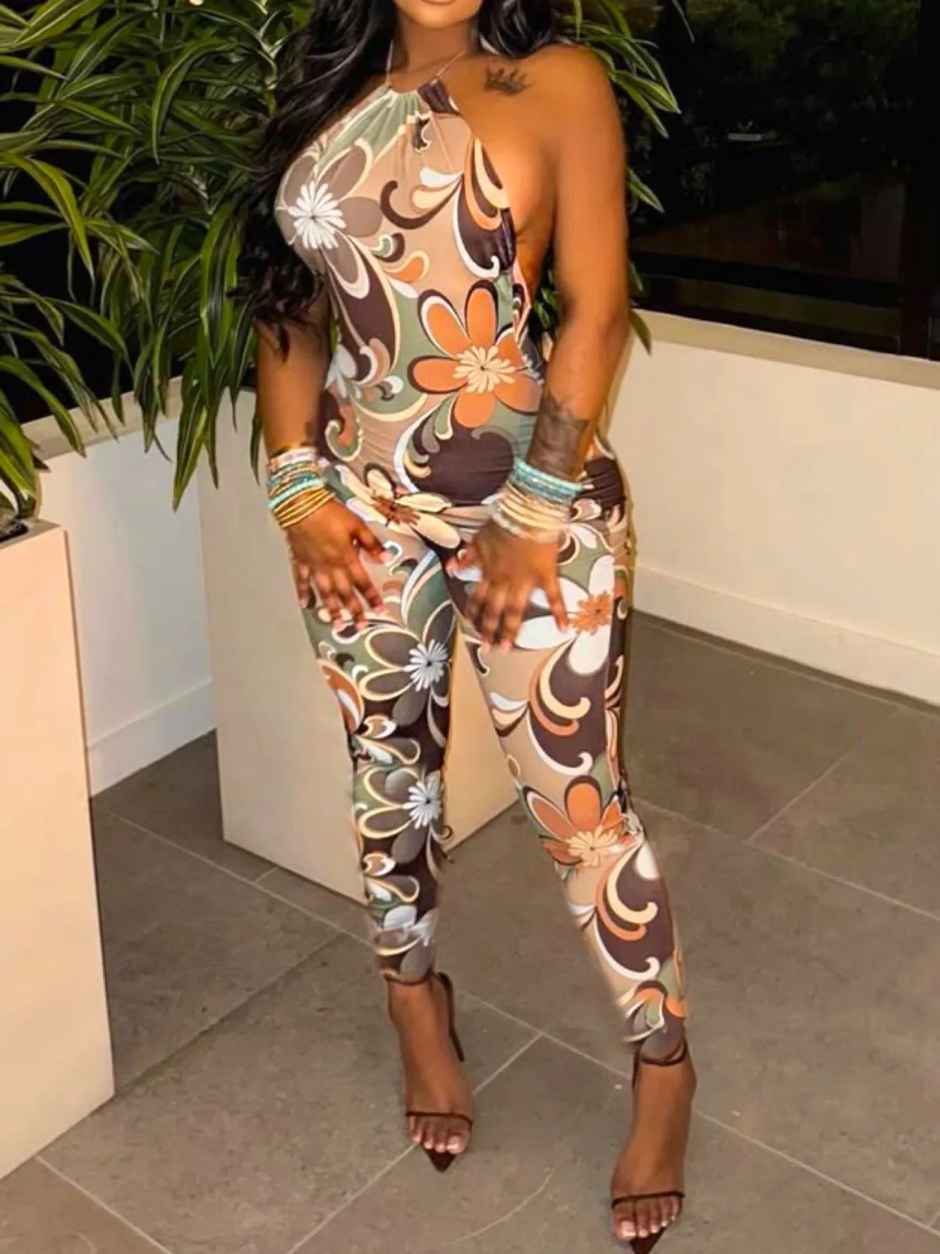 Tropical Print Halter Neck Bodycon Jumpsuit Easy Apparels